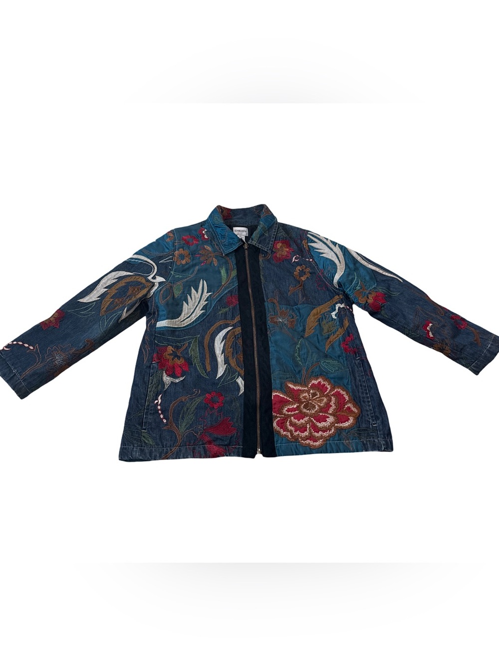 Chico’s Embroidered Floral Denim Jacket Size 1 (M) Boho Quilted Zip